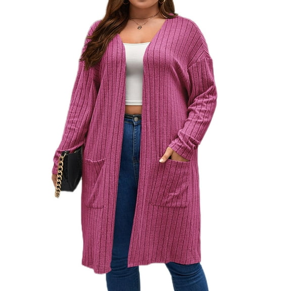 QINCAO Plus Size Womens Open Front Cardigan Sweater with Pockets Long Sleeve Lightweight Coat Fall Winter 1XL-5XL