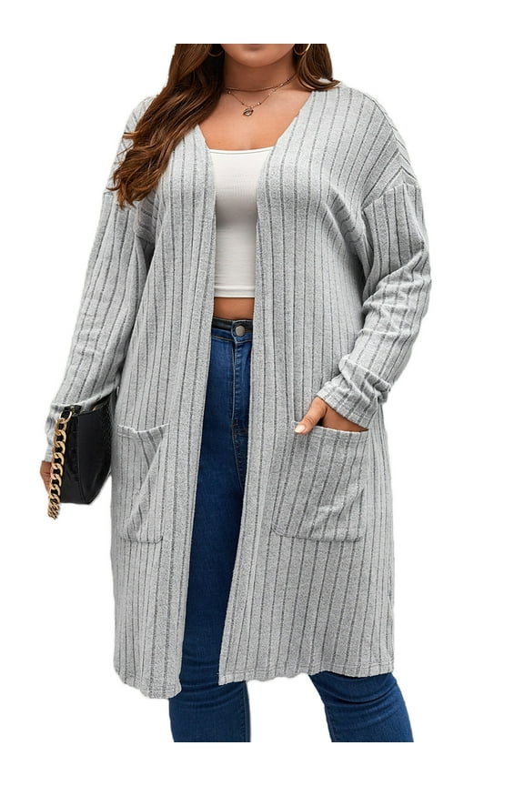 Plus Size Womens Open Front Cardigan Sweater with Pockets Long Sleeve Lightweight Coat Fall Winter 1XL-5XL