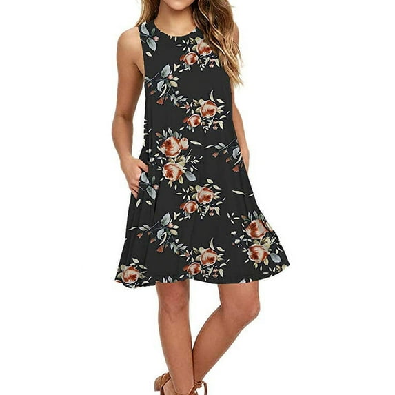 QINCAO Women Dresses Sleeveless Short Dresses for Women O-Neck Floral Print Casual Loose Summer Female Dresses