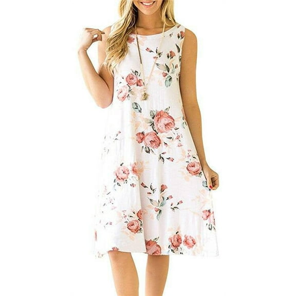 QINCAO Women Dresses Sleeveless Short Dresses for Women O-Neck Floral Print Casual Loose Summer Female Dresses
