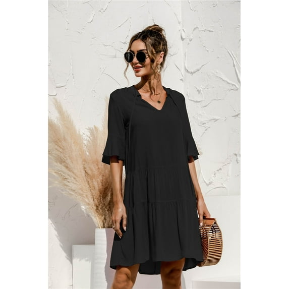 QINCAO Women Dresses Summer Dress V-Neck Short Sleeve T-Shirt Dress Babydoll Ruffles Casual Mini Female Dress Black