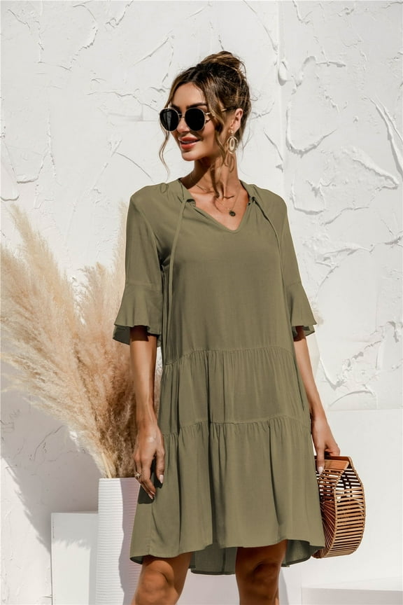 Women Dresses Summer Dress V-Neck Short Sleeve T-Shirt Dress Babydoll Ruffles Casual Mini Female Dress