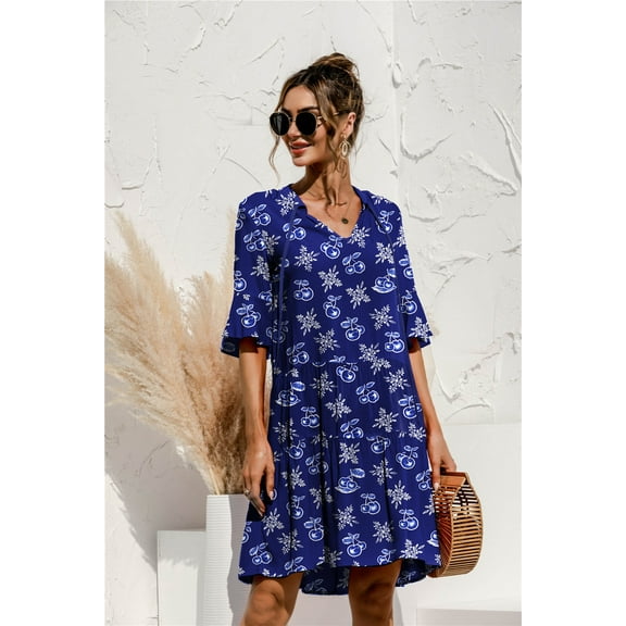 QINCAO Women Dresses Summer Dress V-Neck Short Sleeve T-Shirt Dress Babydoll Ruffles Casual Mini Female Dress