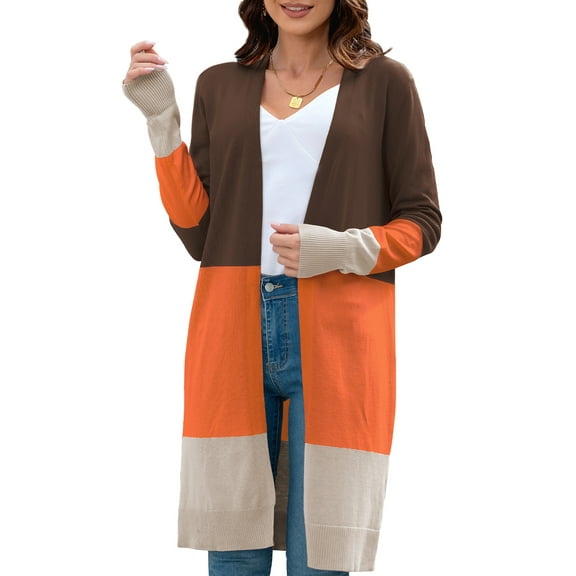 QINCAO Women's Long Cardigan Open Front Color Block Casual Cardigan Knit Sweaters Coat XS-L