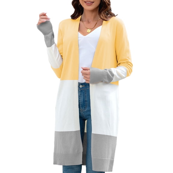 QINCAO Women's Long Cardigan Open Front Color Block Casual Cardigan Knit Sweaters Coat XS-L