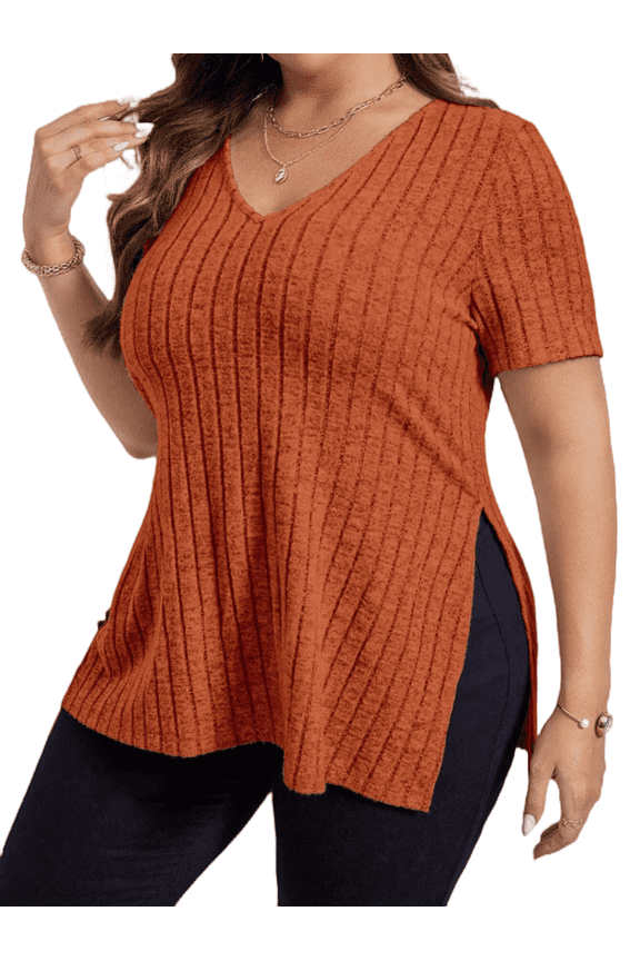Women's Plus Size Tops Casual V Neck Short Sleeve Spilt Hem Shirts 1X-5X