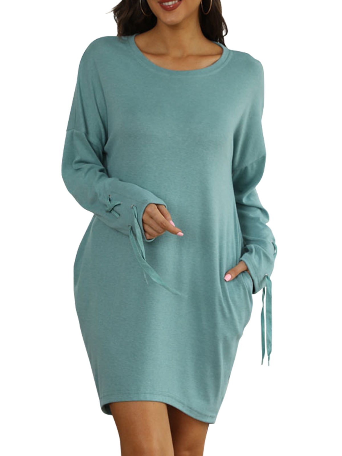 QINCAO Women's Sweatshirt Dress Long Sleeve RoundNeck Solid Color