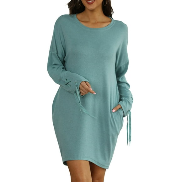 QINCAO Women's Sweatshirt Dress Long Sleeve Round-Neck Solid Color Dress with Pockets S-2XL