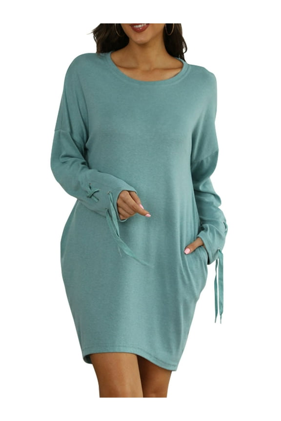 Women's Sweatshirt Dress Long Sleeve Round-Neck Solid Color Dress with Pockets S-2XL