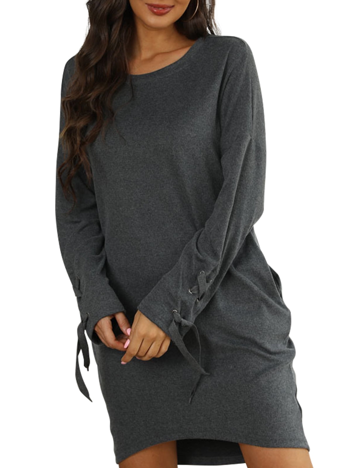 QINCAO Women's Sweatshirt Dress Long Sleeve RoundNeck Solid Color