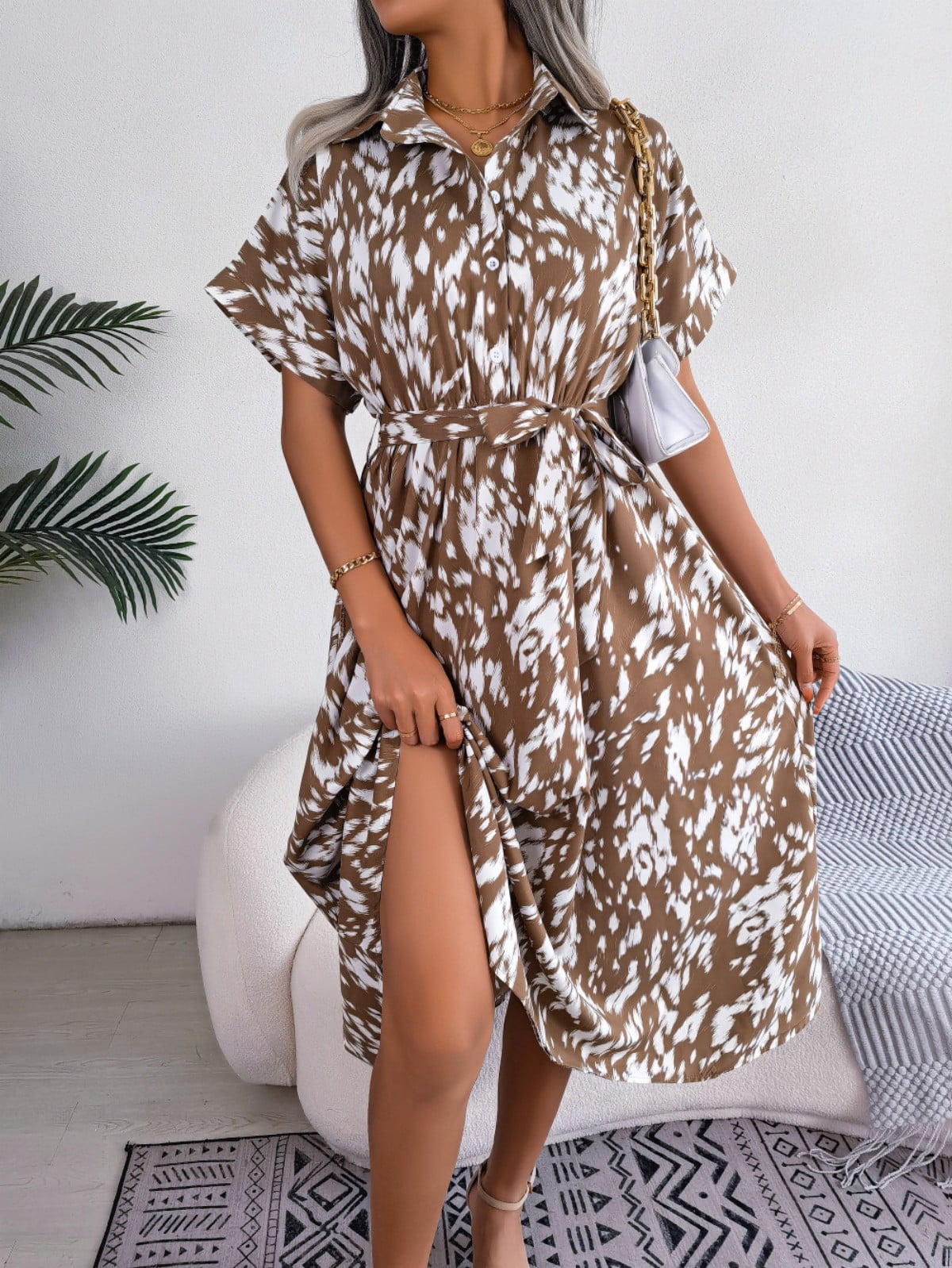 Wenrien Womens Black Floral Collared Button Down Shirt Dress main image 1