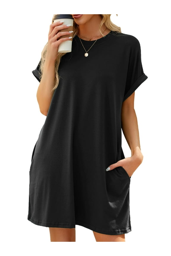 Womens Dress Summer Casual Roll Up Sleeves T Shirt Dress Solid Color Round Neck Mini Dress With Side Pockets S-2XL