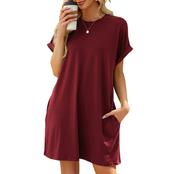 QINCAO Womens Dress Summer Casual Roll Up Sleeves T Shirt Dress Solid Color Round Neck Mini Dress With Side Pockets S-2XL