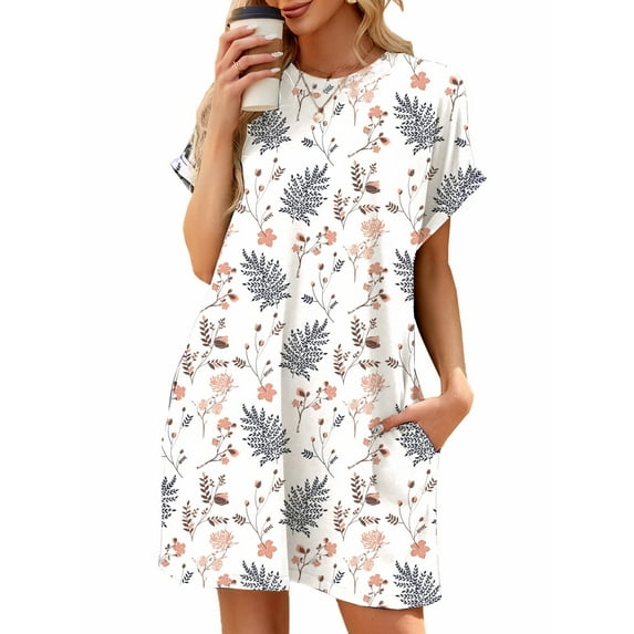 QINCAO Womens Dress Summer Casual Roll Up Sleeves T Shirt Dress Solid Color Round Neck Mini Dress With Side Pockets S-2XL