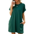 thumbnail image 1 of QINCAO Womens Dress Summer Casual Roll Up Sleeves T Shirt Dress Solid Color Round Neck Mini Dress With Side Pockets S-2XL, 1 of 5