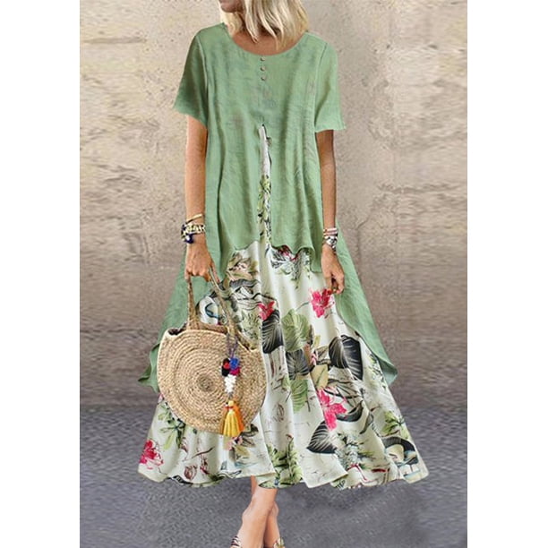 QINCAO Womens Dresses Linen Maxi Dresses For Women Floral Short Sleeve ...