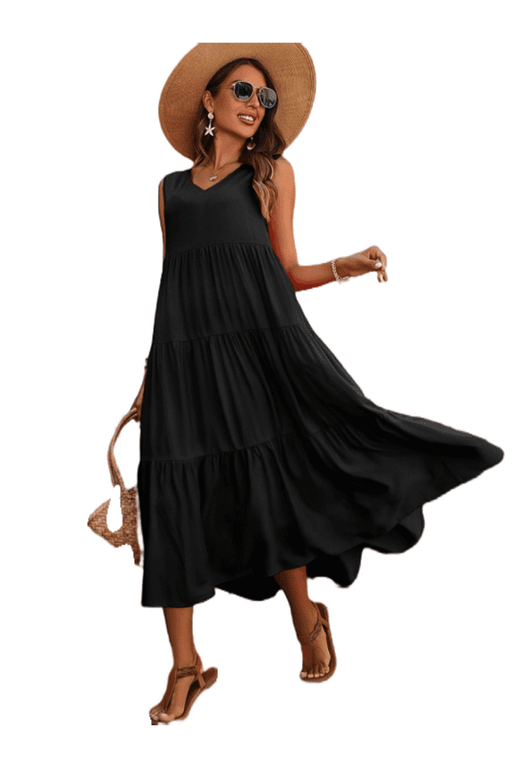 Womens Dresses Maxi Loose Sleeveless V Neck Ruffled Hem Casual Dresses S-XXL
