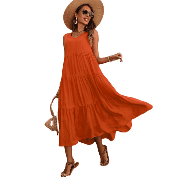 QINCAO Womens Dresses Maxi Loose Sleeveless V Neck Ruffled Hem Casual Dresses S-XXL