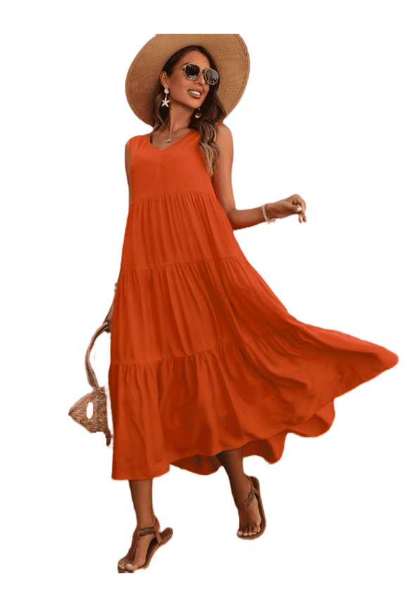 Womens Dresses Maxi Loose Sleeveless V Neck Ruffled Hem Casual Dresses S-XXL