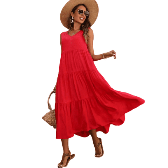 QINCAO Womens Dresses Maxi Loose Sleeveless V Neck Ruffled Hem Casual Dresses S-XXL