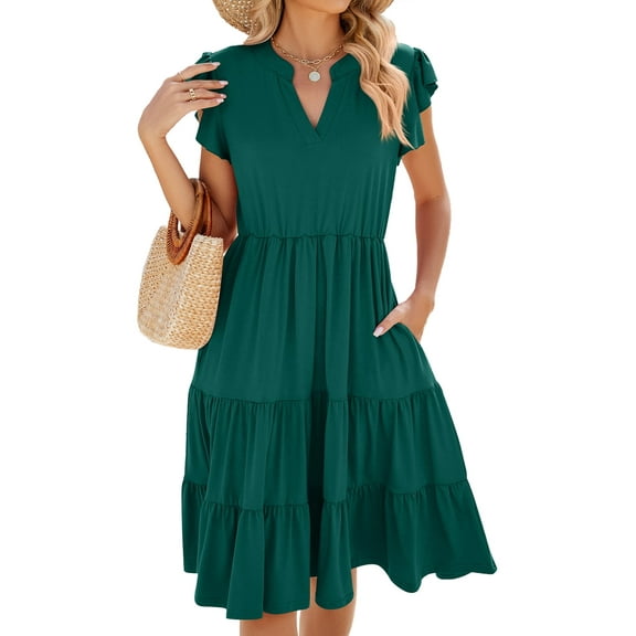 QINCAO Womens Dresses Summer Casual V Neck Ruffle Sleeve High Waist Flowy Tiered Mini Dress with Pockets S-2XL