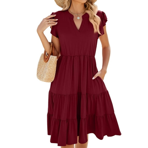 QINCAO Womens Dresses Summer Casual V Neck Ruffle Sleeve High Waist Flowy Tiered Mini Dress with Pockets S-2XL