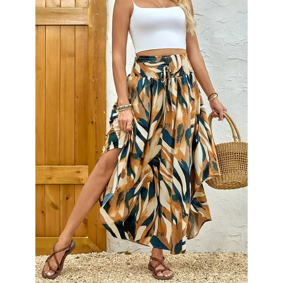 QINCAO Womens High Waist Smocked Bohemian Long Skirt Elegant Chic Skirt with Belt S-XXL