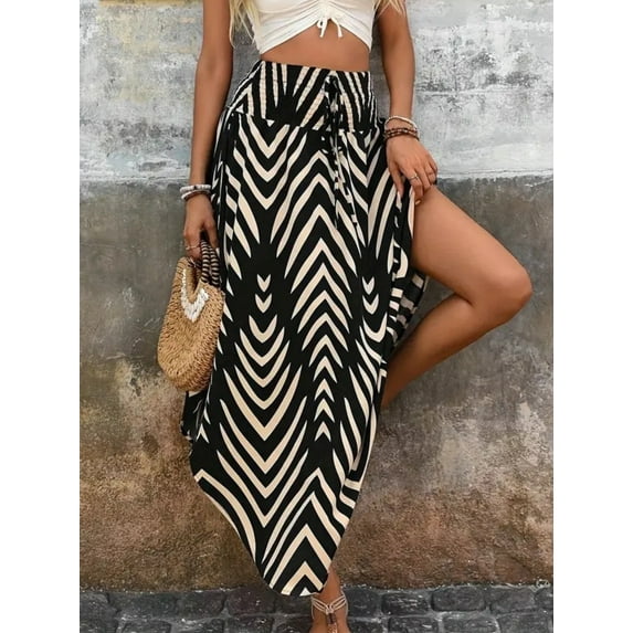 QINCAO Womens High Waist Smocked Bohemian Long Skirt Elegant Chic Skirt with Belt S-XXL