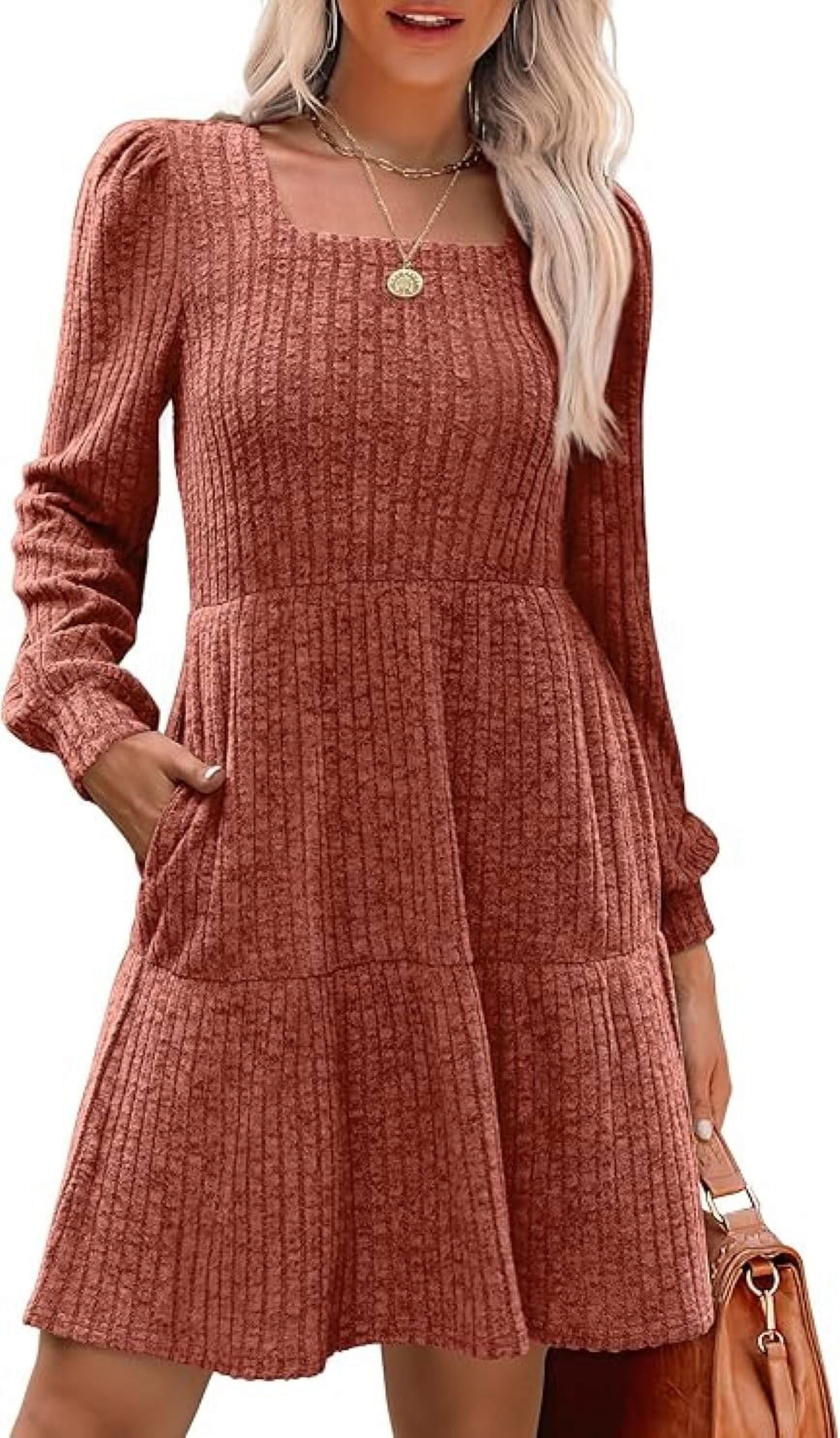 Womens Long Sleeve Sweater Dresses Square Neck Babydoll Fall Dress With Pockets S-2XL