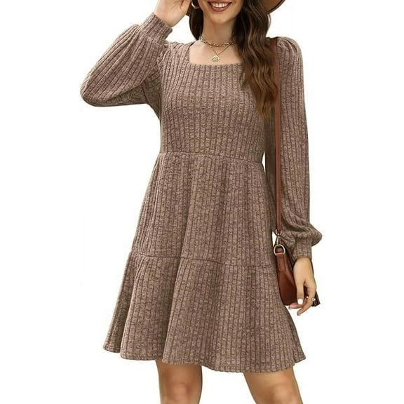 QINCAO Womens Long Sleeve Sweater Dresses Square Neck Babydoll Fall Dress With Pockets S-2XL