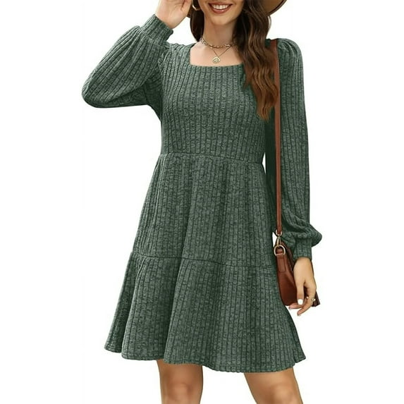 QINCAO Womens Long Sleeve Sweater Dresses Square Neck Babydoll Fall Dress With Pockets S-2XL
