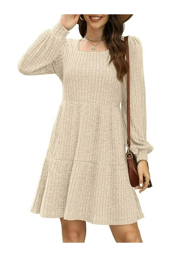 Womens Long Sleeve Sweater Dresses Square Neck Babydoll Fall Dress With Pockets S-2XL
