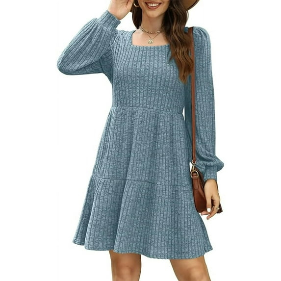 QINCAO Womens Long Sleeve Sweater Dresses Square Neck Babydoll Fall Dress With Pockets S-2XL