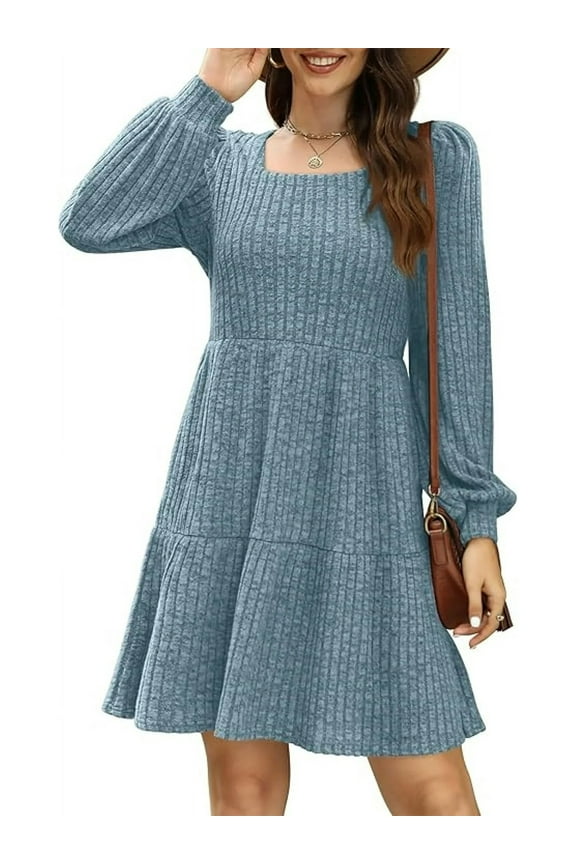 Womens Long Sleeve Sweater Dresses Square Neck Babydoll Fall Dress With Pockets S-2XL