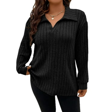 QINCAO Womens Plus Size Tops Long Sleeve V Neck Polo Shirts Pullover Sweaters Fall Winter 1X-5X