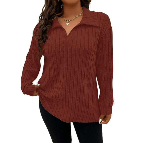 QINCAO Womens Plus Size Tops Long Sleeve V Neck Polo Shirts Pullover Sweaters Fall Winter 1X-5X