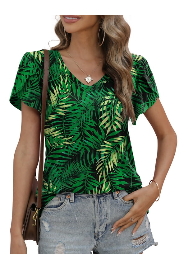 Womens Summer Casual Tops Loose Fit Tunic Blouses Petal Sleeve V Neck Shirts