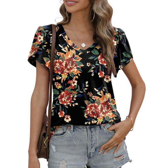 QINCAO Womens Summer Casual Tops Loose Fit Tunic Blouses Petal Sleeve V Neck Shirts