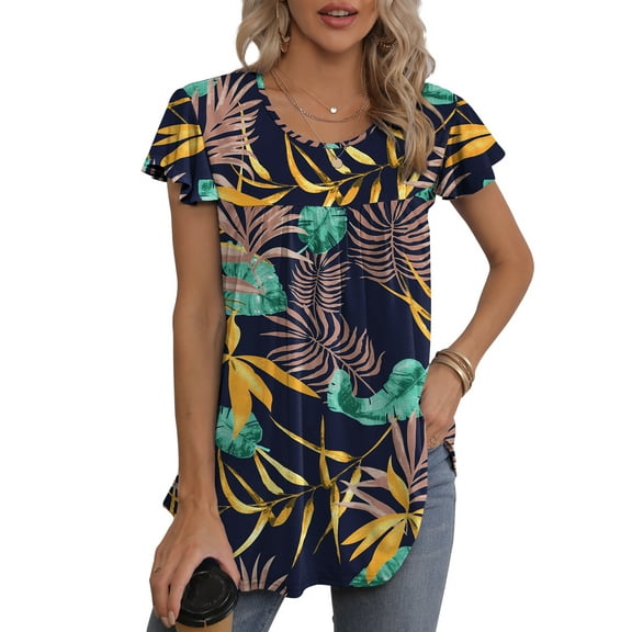 QINCAO Womens Tops Floral Ruffle Short Sleeve O Neck Loose Ladies Tops Shirts Blouses for Women,S(4-6)