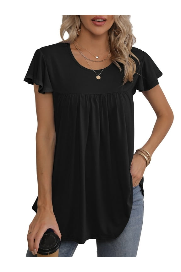 Womens Tops Floral Ruffle Short Sleeve O Neck Loose Ladies Tops Shirts Blouses for Women,S(4-6)