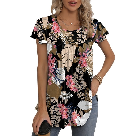 QINCAO Womens Tops Floral Ruffle Short Sleeve O Neck Loose Ladies Tops Shirts Blouses for Women,S(4-6)