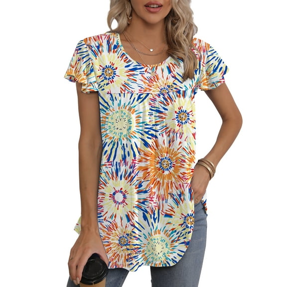 QINCAO Womens Tops Floral Ruffle Short Sleeve O Neck Loose Ladies Tops Shirts Blouses for Women,S(4-6)