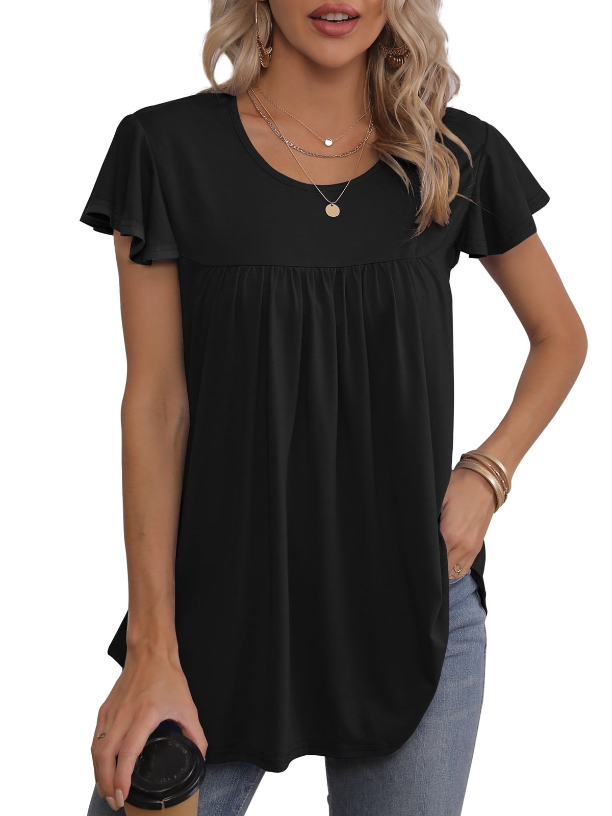 Womens Tops Floral Ruffle Short Sleeve O Neck Loose Ladies Tops Shirts Blouses for Women,XL(16-18)