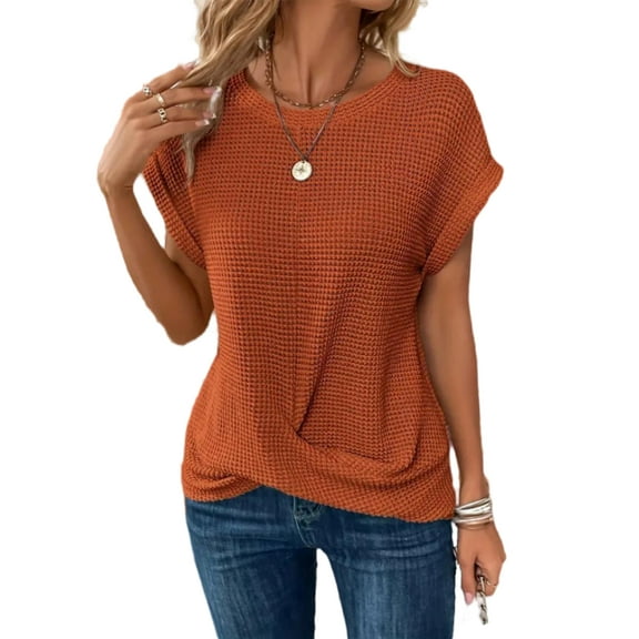 QINCAO Womens Tops Waffle Knit Twist Front Rolled-Up Sleeves Casual Loose Shirts S-XXL