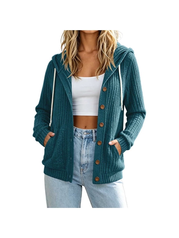 Button Front Hooded Cardigan for Women Drawstring Hood Ribbed Knit Regular Shoulder Long Sleeve Side Pockets Outer Tops