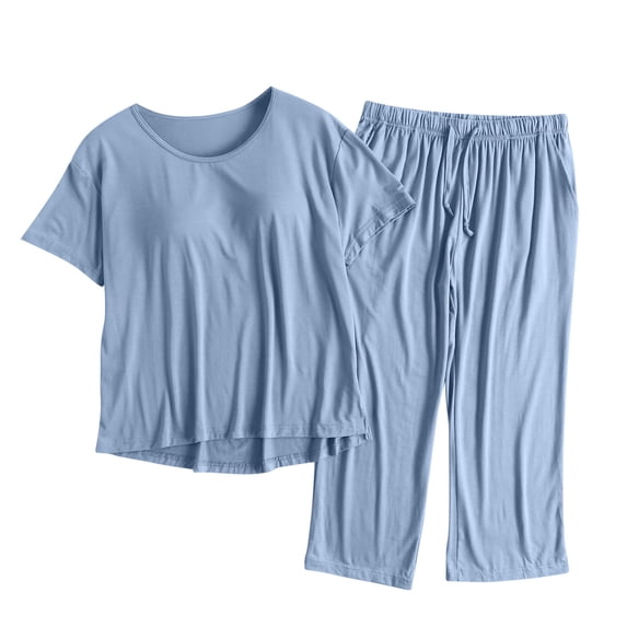 QINGFSAP Pajama Sets for Women 2 Piece Short Sleeve Tops Built in Bra Wide Leg Pants Lounge Sets Soft Sleepwear