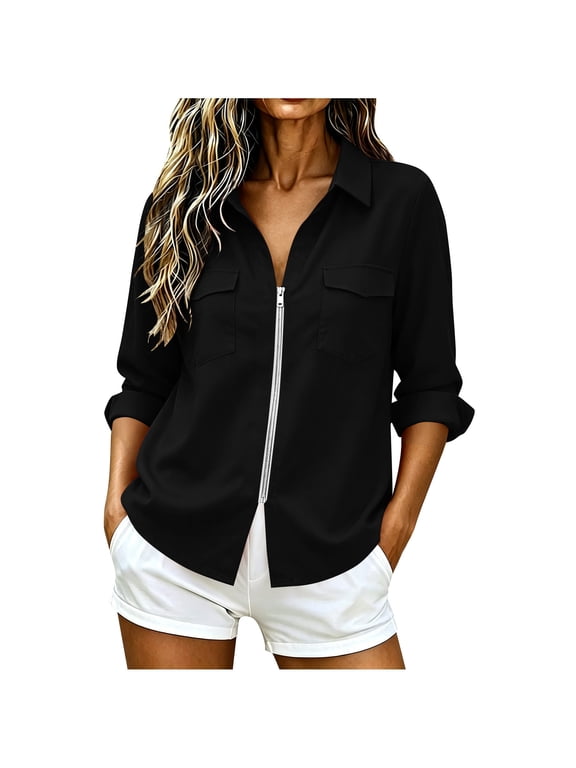 Solid Collared Full Zip Shirt for Women Long Sleeve Open Front Blouse with Chest Pockets Casual Office Tops