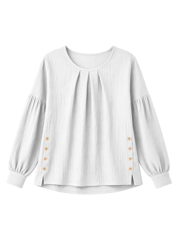 Solid Long Sleeve Crew Neck Blouses for Women Side Decor Buttons Split Hem Bubble Cuff Textured Pullover Tops