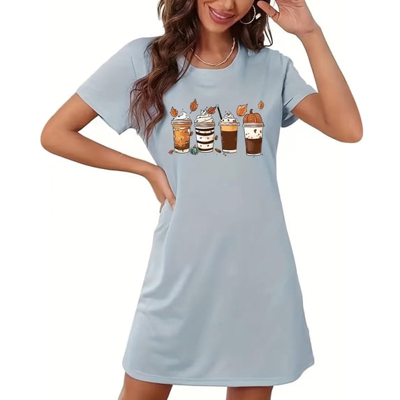 QINGFSAP Women's Pajama Fall Coffee Print Short Sleeve Crewneck Plus Size Short Sleep Dress