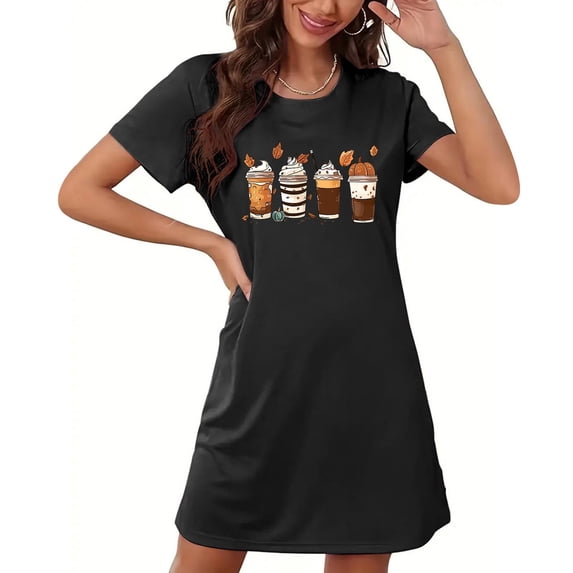 QINGFSAP Women's Pajama Fall Coffee Print Short Sleeve Crewneck Plus Size Short Sleep Dress